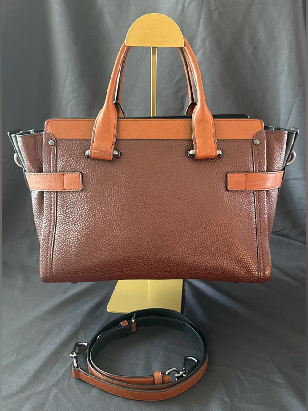 Coach Swagger Satchel Colorblock Mahogany & Ginger Pebbled Leather - Picture 3 of 13